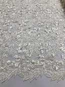 Guipure 3D Lace Fabric - Ivory - Embroidered 3D Flower with Bead Lace Fabric Sold By The Yard