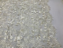 Guipure 3D Lace Fabric - Ivory - Embroidered 3D Flower with Bead Lace Fabric Sold By The Yard