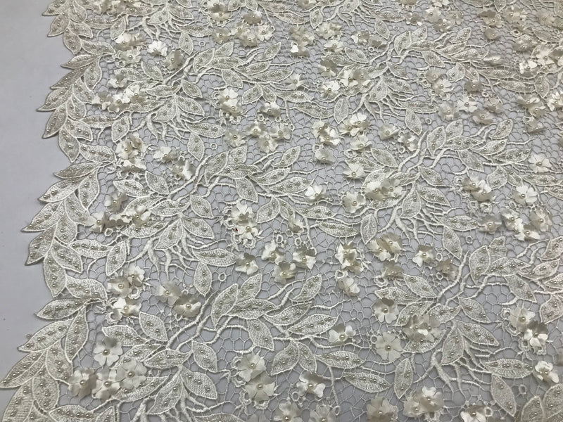 Guipure 3D Lace Fabric - Ivory - Embroidered 3D Flower with Bead Lace Fabric Sold By The Yard