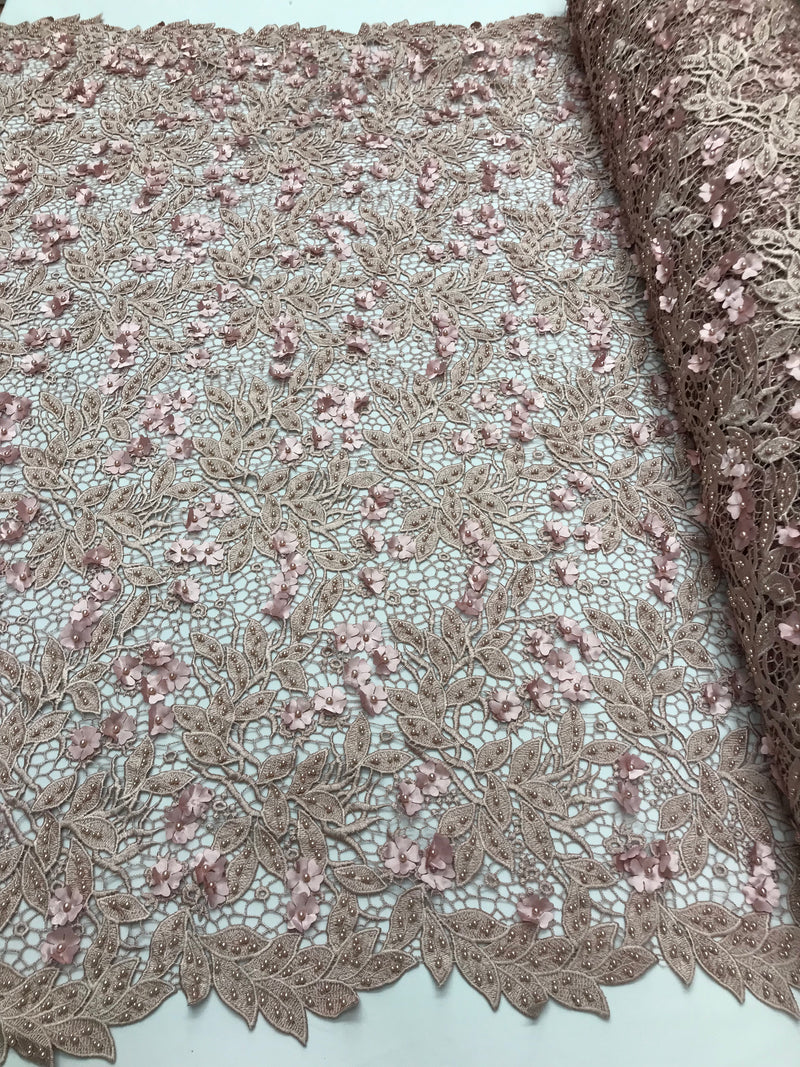 Guipure 3D Lace Fabric - Dusty Rose - Embroidered 3D Flower with Bead Lace Fabric Sold By The Yard