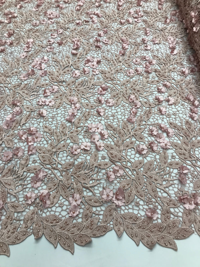 Guipure 3D Lace Fabric - Dusty Rose - Embroidered 3D Flower with Bead Lace Fabric Sold By The Yard