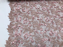 Guipure 3D Lace Fabric - Dusty Rose - Embroidered 3D Flower with Bead Lace Fabric Sold By The Yard