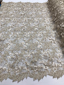 Guipure 3D Lace Fabric - Champagne - Embroidered 3D Flower with Bead Lace Fabric Sold By The Yard