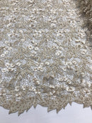 Guipure 3D Lace Fabric - Champagne - Embroidered 3D Flower with Bead Lace Fabric Sold By The Yard