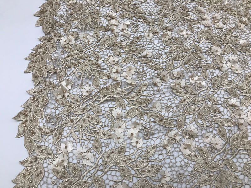 Guipure 3D Lace Fabric - Champagne - Embroidered 3D Flower with Bead Lace Fabric Sold By The Yard