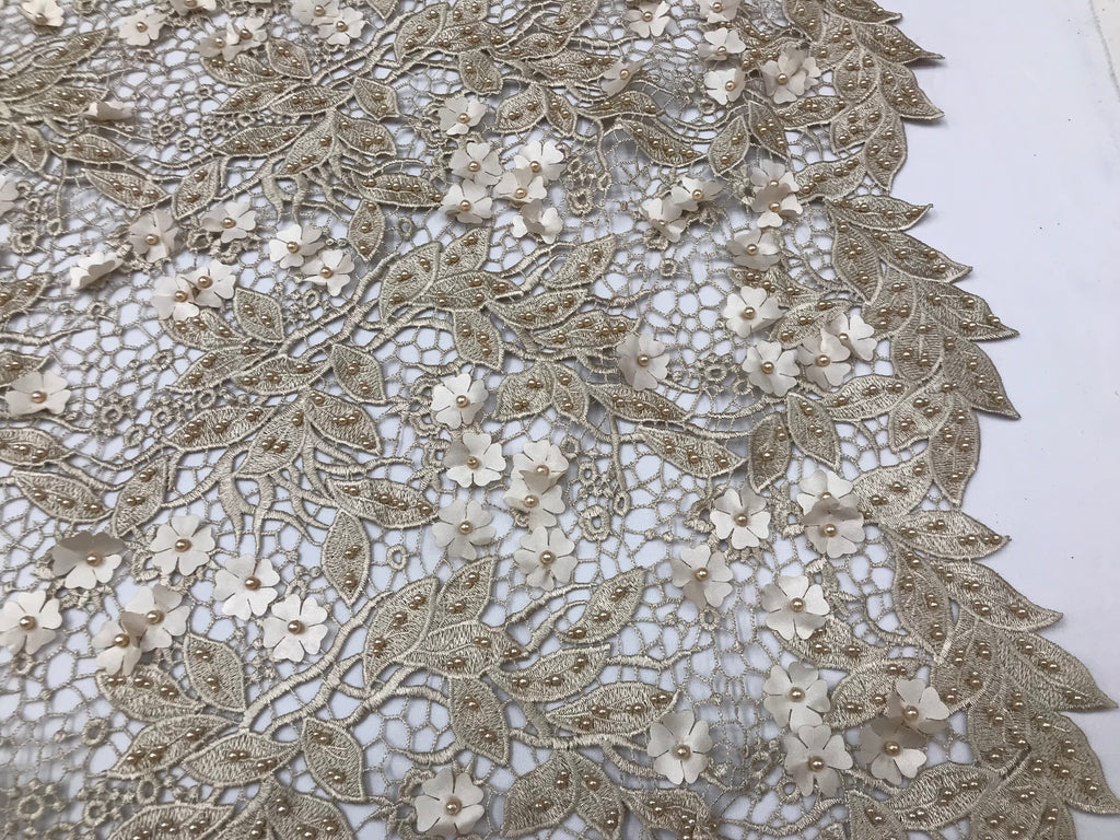 Guipure 3D Lace Fabric - Champagne - Embroidered 3D Flower with Bead L