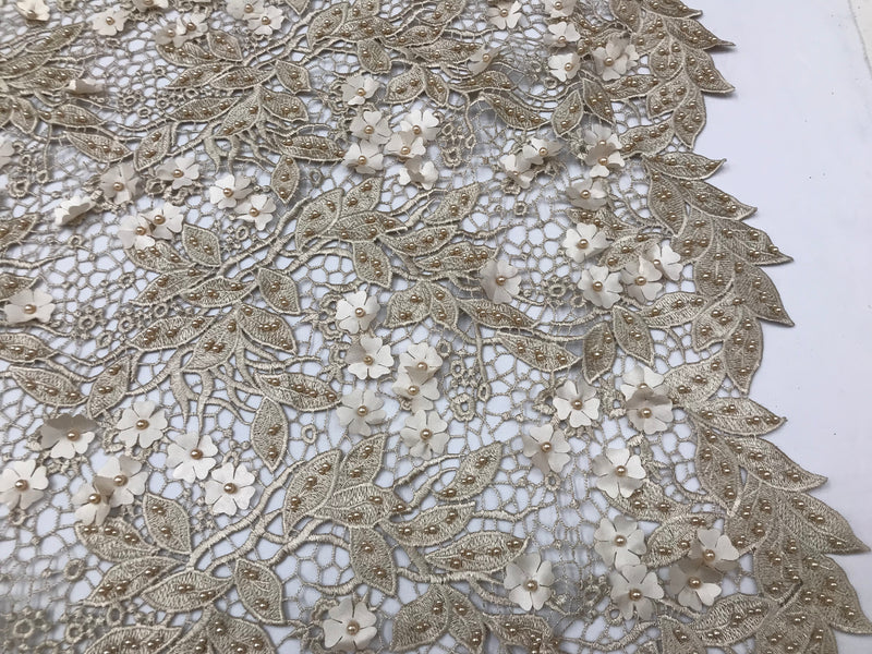 Guipure 3D Lace Fabric - Champagne - Embroidered 3D Flower with Bead Lace Fabric Sold By The Yard