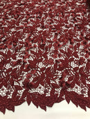 Guipure 3D Lace Fabric - Burgundy - Embroidered 3D Flower with Bead Lace Fabric Sold By The Yard