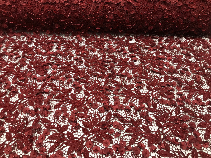 Guipure 3D Lace Fabric - Burgundy - Embroidered 3D Flower with Bead Lace Fabric Sold By The Yard