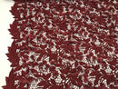 Guipure 3D Lace Fabric - Burgundy - Embroidered 3D Flower with Bead Lace Fabric Sold By The Yard