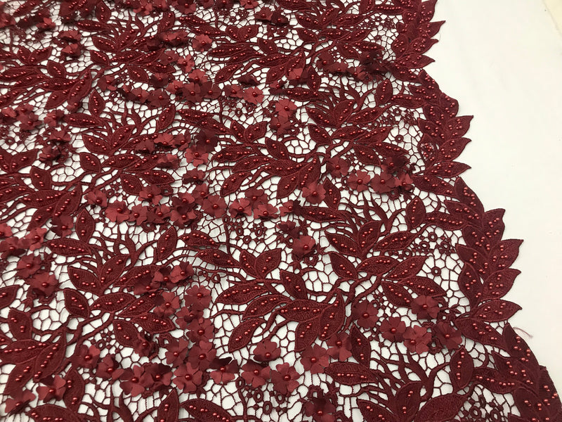 Guipure 3D Lace Fabric - Burgundy - Embroidered 3D Flower with Bead Lace Fabric Sold By The Yard