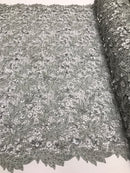 Guipure 3D Lace Fabric - Silver - Embroidered 3D Flower with Bead Lace Fabric Sold By The Yard
