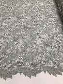 Guipure 3D Lace Fabric - Silver - Embroidered 3D Flower with Bead Lace Fabric Sold By The Yard
