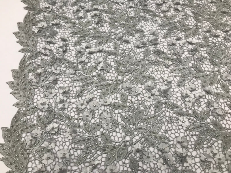 Guipure 3D Lace Fabric - Silver - Embroidered 3D Flower with Bead Lace Fabric Sold By The Yard