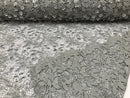 Guipure 3D Lace Fabric - Silver - Embroidered 3D Flower with Bead Lace Fabric Sold By The Yard