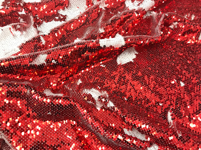 Two Tone Reversible - Red / White - 2 Way Stretch Iridescent Shiny Sequins Fabric By The Yard