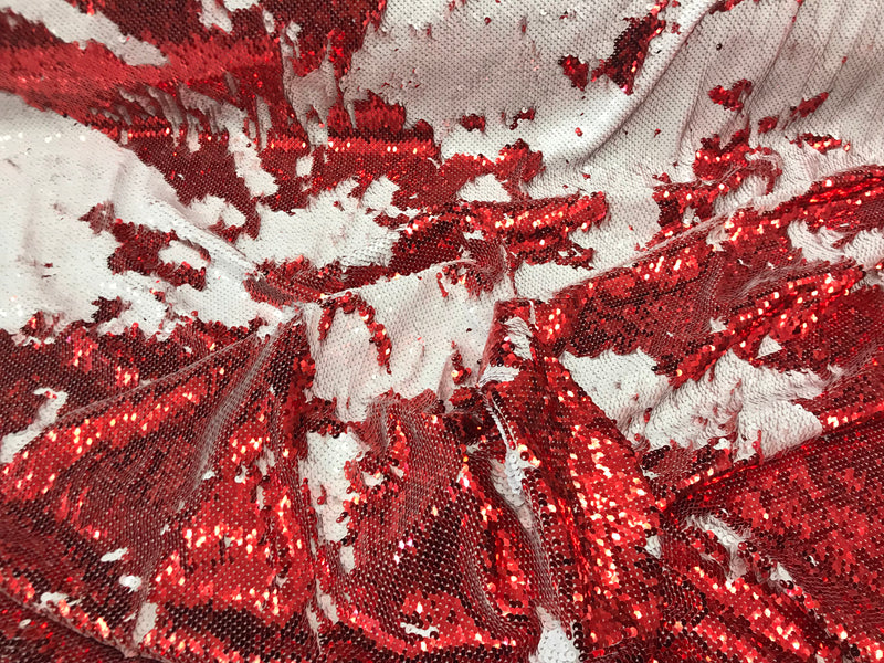 Two Tone Reversible - Red / White - 2 Way Stretch Iridescent Shiny Sequins Fabric By The Yard