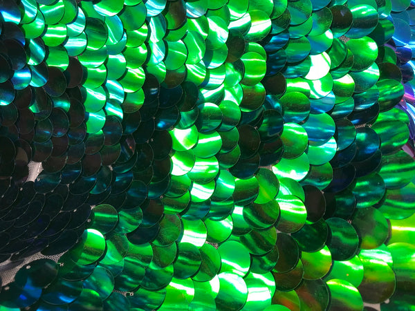 Iridescent - Blue/Green - Circle Sequins Hologram Fabric - Multi-Color Fabric Sold By The Yard