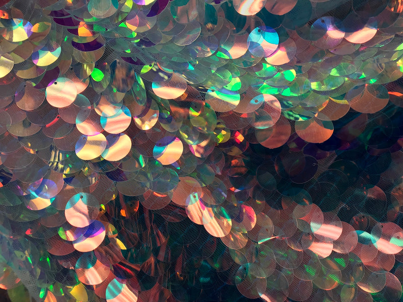 Iridescent - Clear Pink - Circle Sequins Hologram Fabric - Multi-Color Fabric Sold By The Yard