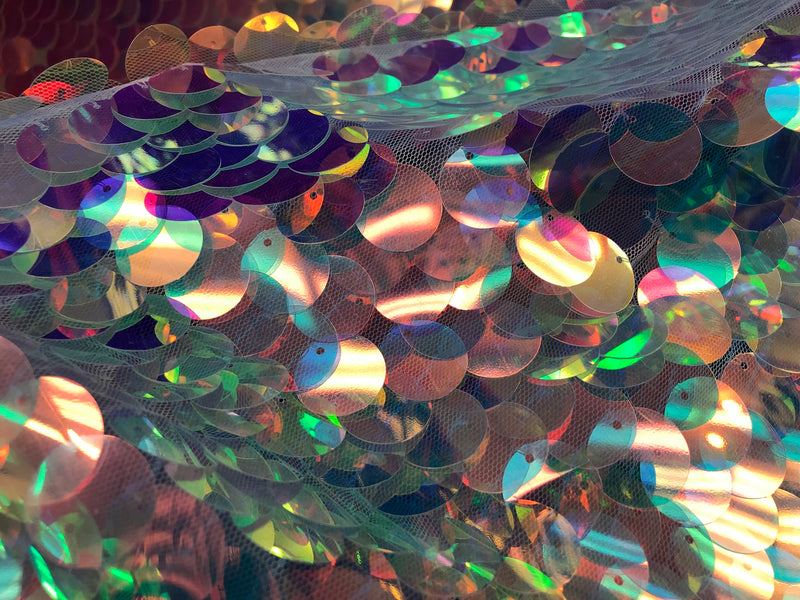 Iridescent - Clear Pink - Circle Sequins Hologram Fabric - Multi-Color Fabric Sold By The Yard