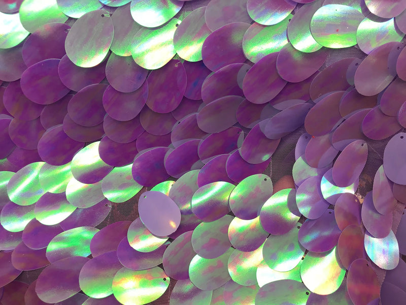 Iridescent Sequins Hologram Fabric - Lilac/Aqua Oval Teardrops - 58 Inch Fabric Sold By The Yard