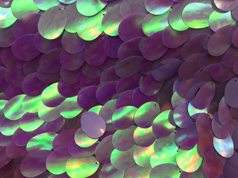 Iridescent Sequins Hologram Fabric - Lilac/Aqua Oval Teardrops - 58 Inch Fabric Sold By The Yard
