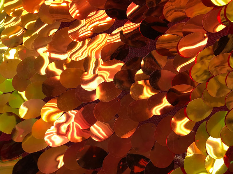 Iridescent Sequins Hologram Fabric - Orange/Pink Oval Teardrops - 58 Inch Fabric Sold By The Yard