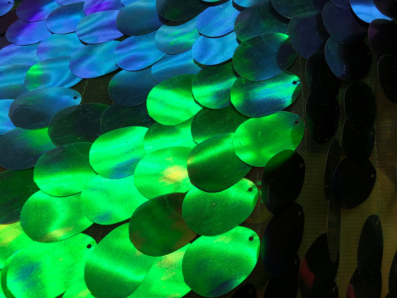 Iridescent Sequins Hologram Fabric - Blue/Green Oval Teardrops - 58 Inch Fabric Sold By The Yard