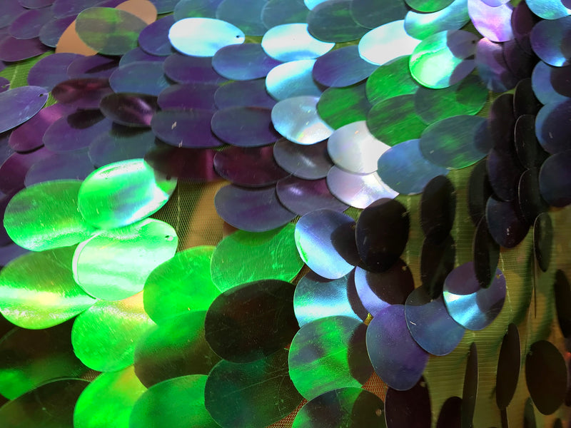 Iridescent Sequins Hologram Fabric - Blue/Green Oval Teardrops - 58 Inch Fabric Sold By The Yard