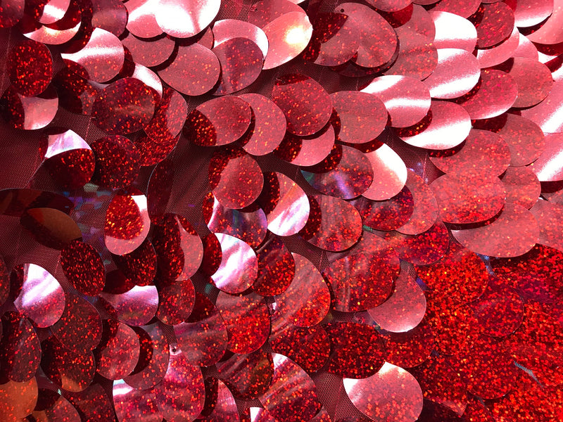 Iridescent Sequins Hologram Fabric - Red Oval Teardrops - 58 Inch Fabric Sold By The Yard