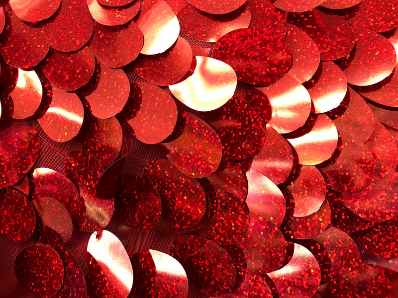 Iridescent Sequins Hologram Fabric - Red Oval Teardrops - 58 Inch Fabric Sold By The Yard