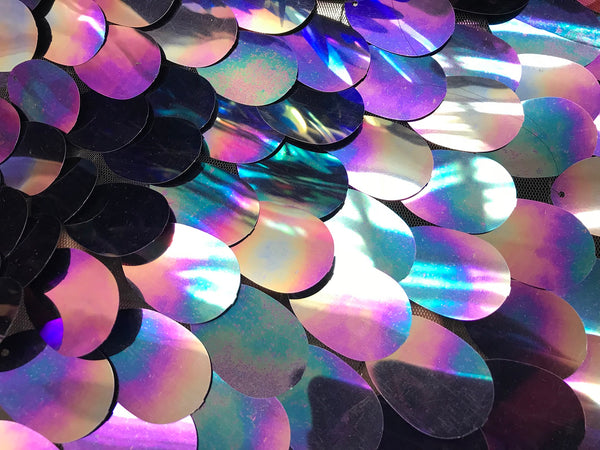 Iridescent Sequins Hologram Fabric - Blue/Purple Oval Teardrops - 58 Inch Fabric Sold By The Yard