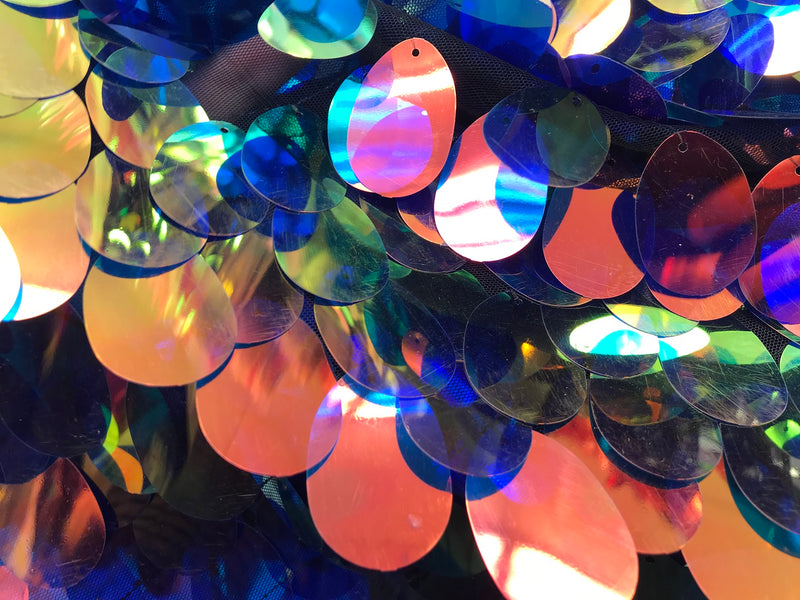 Iridescent Sequins Hologram Fabric - Multi-Color Oval Teardrops - 58 Inch Fabric Sold By The Yard