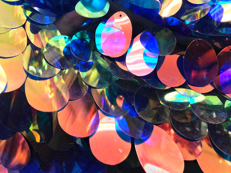 Iridescent Sequins Hologram Fabric - Multi-Color Oval Teardrops - 58 Inch Fabric Sold By The Yard