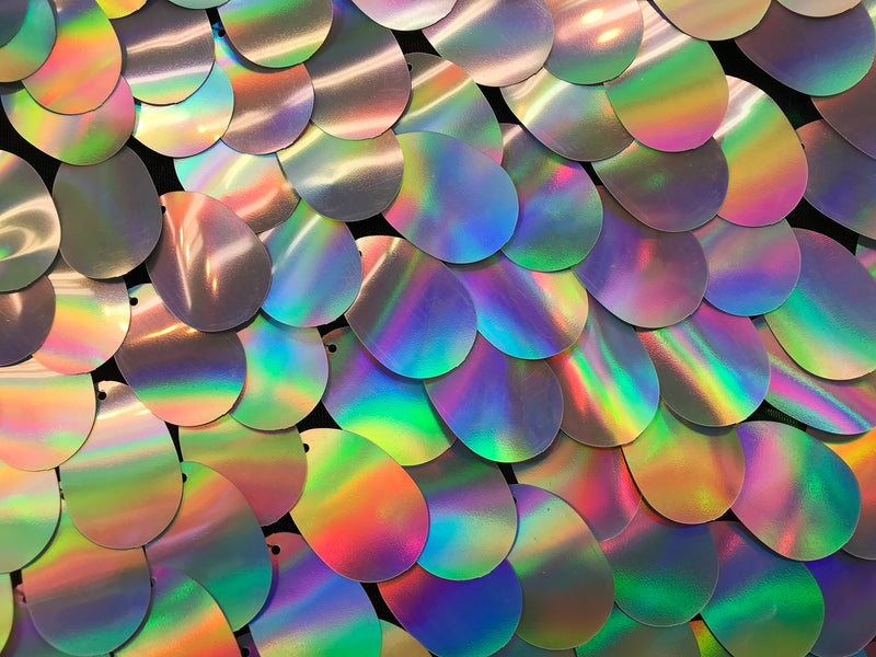 Iridescent Sequins Hologram Fabric - Silver Oval Teardrops - 58 Inch Fabric Sold By The Yard