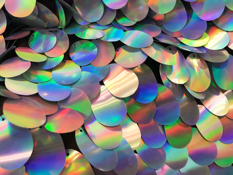 Iridescent Sequins Hologram Fabric - Silver Oval Teardrops - 58 Inch Fabric Sold By The Yard