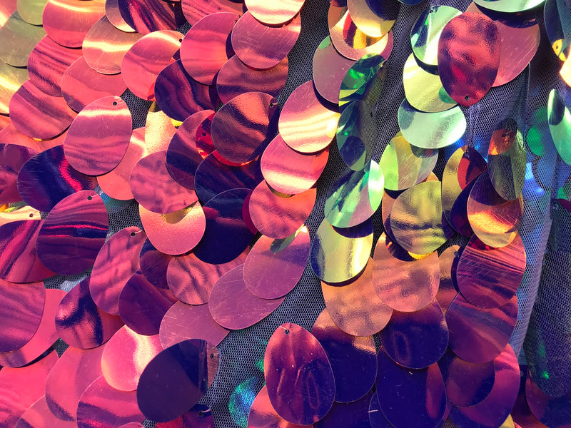 Iridescent Sequins Hologram Fabric - Magenta Oval Teardrops - 58 Inch Fabric Sold By The Yard
