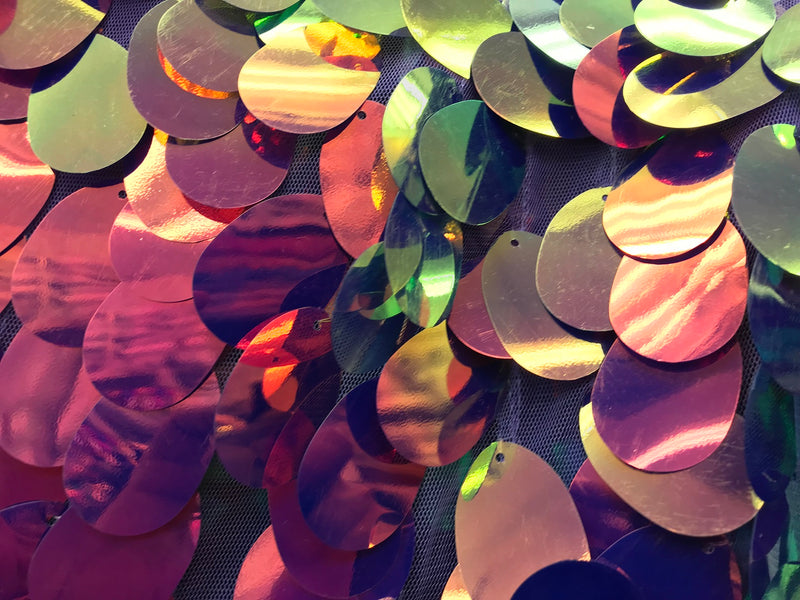 Iridescent Sequins Hologram Fabric - Magenta Oval Teardrops - 58 Inch Fabric Sold By The Yard