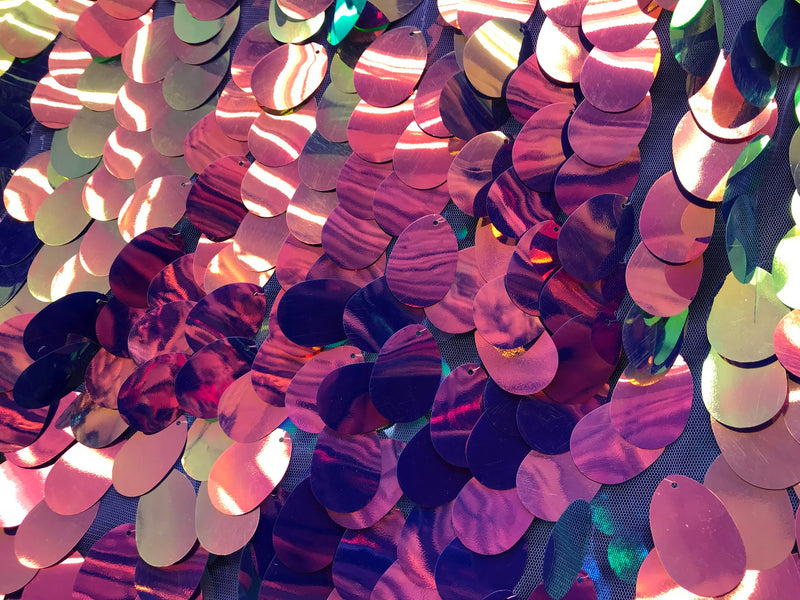 Iridescent Sequins Hologram Fabric - Magenta Oval Teardrops - 58 Inch Fabric Sold By The Yard