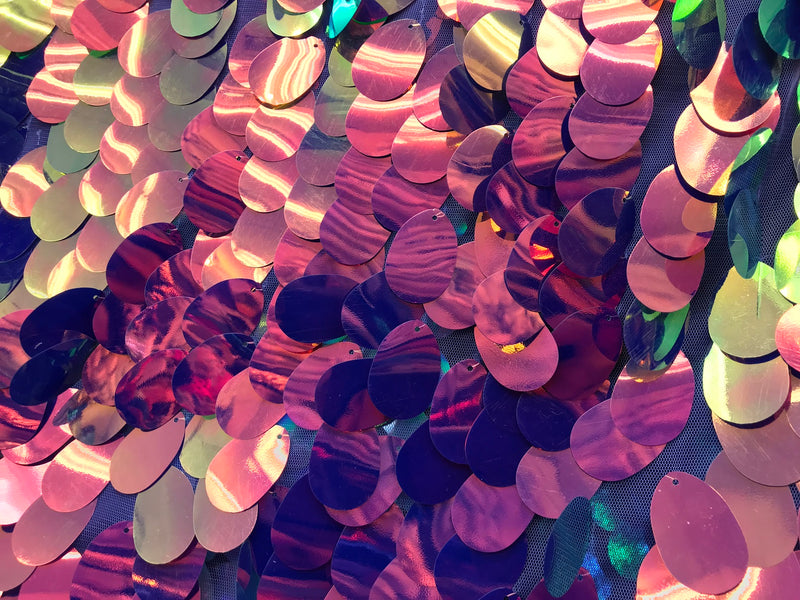 Iridescent Sequins Hologram Fabric - Magenta Oval Teardrops - 58 Inch Fabric Sold By The Yard