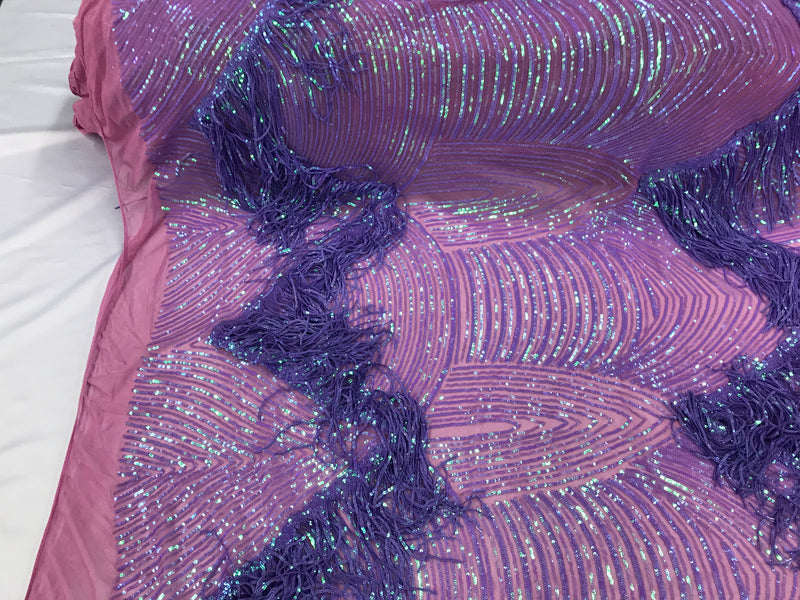 Fringe Sequins - Iridescent Lilac - Dangle 4 Way Stretch Fancy Sequins Fabric Sold By The Yard