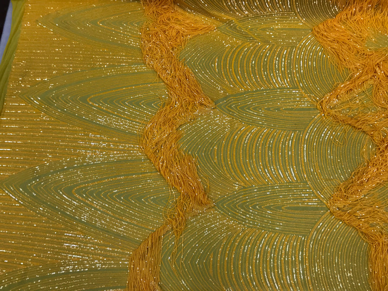 Fringe Sequins - Canary Yellow - Dangle 4 Way Stretch Fancy Sequins Fabric Sold By The Yard
