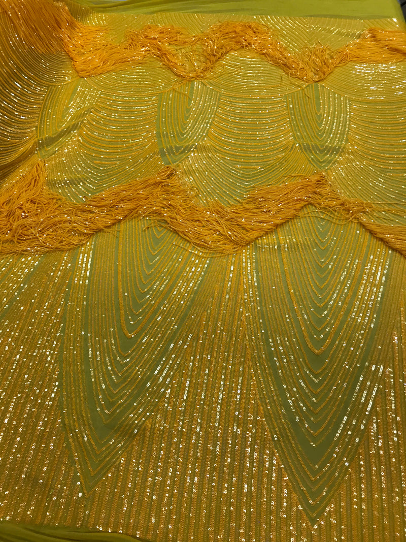 Fringe Sequins - Canary Yellow - Dangle 4 Way Stretch Fancy Sequins Fabric Sold By The Yard