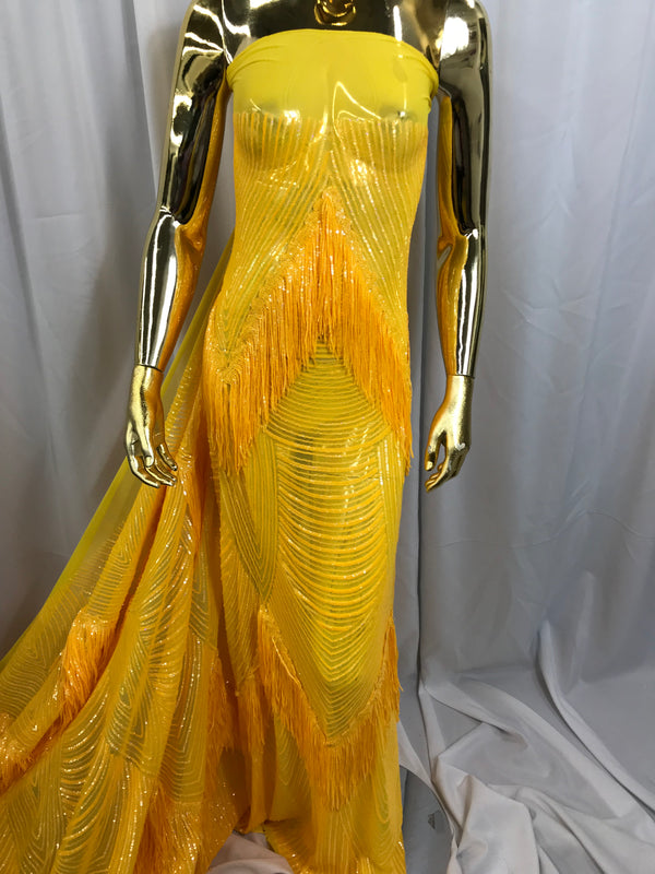 Fringe Sequins - Canary Yellow - Dangle 4 Way Stretch Fancy Sequins Fabric Sold By The Yard