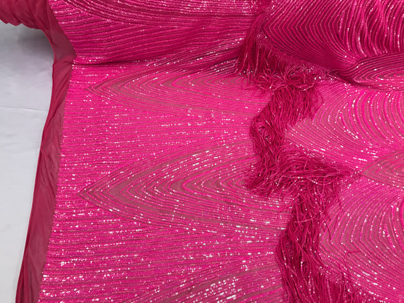 Fringe Sequins - Hot Pink - Dangle 4 Way Stretch Fancy Sequins Fabric Sold By The Yard