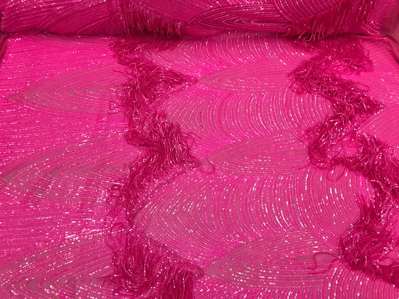 Fringe Sequins - Hot Pink - Dangle 4 Way Stretch Fancy Sequins Fabric Sold By The Yard