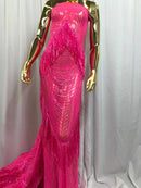 Fringe Sequins - Hot Pink - Dangle 4 Way Stretch Fancy Sequins Fabric Sold By The Yard