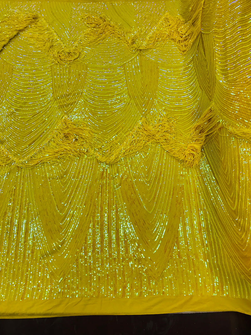 Fringe Sequins - Iridescent Yellow - Dangle 4 Way Stretch Fancy Sequins Fabric Sold By The Yard