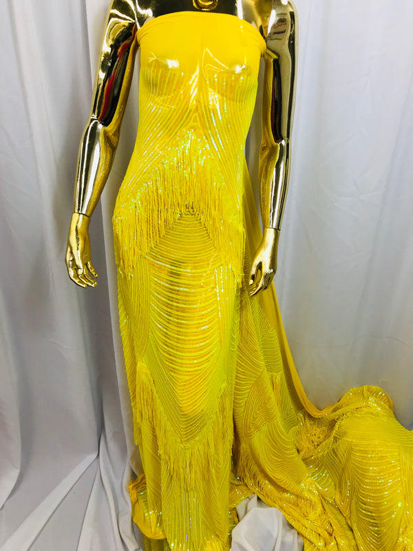 Fringe Sequins - Iridescent Yellow - Dangle 4 Way Stretch Fancy Sequins Fabric Sold By The Yard