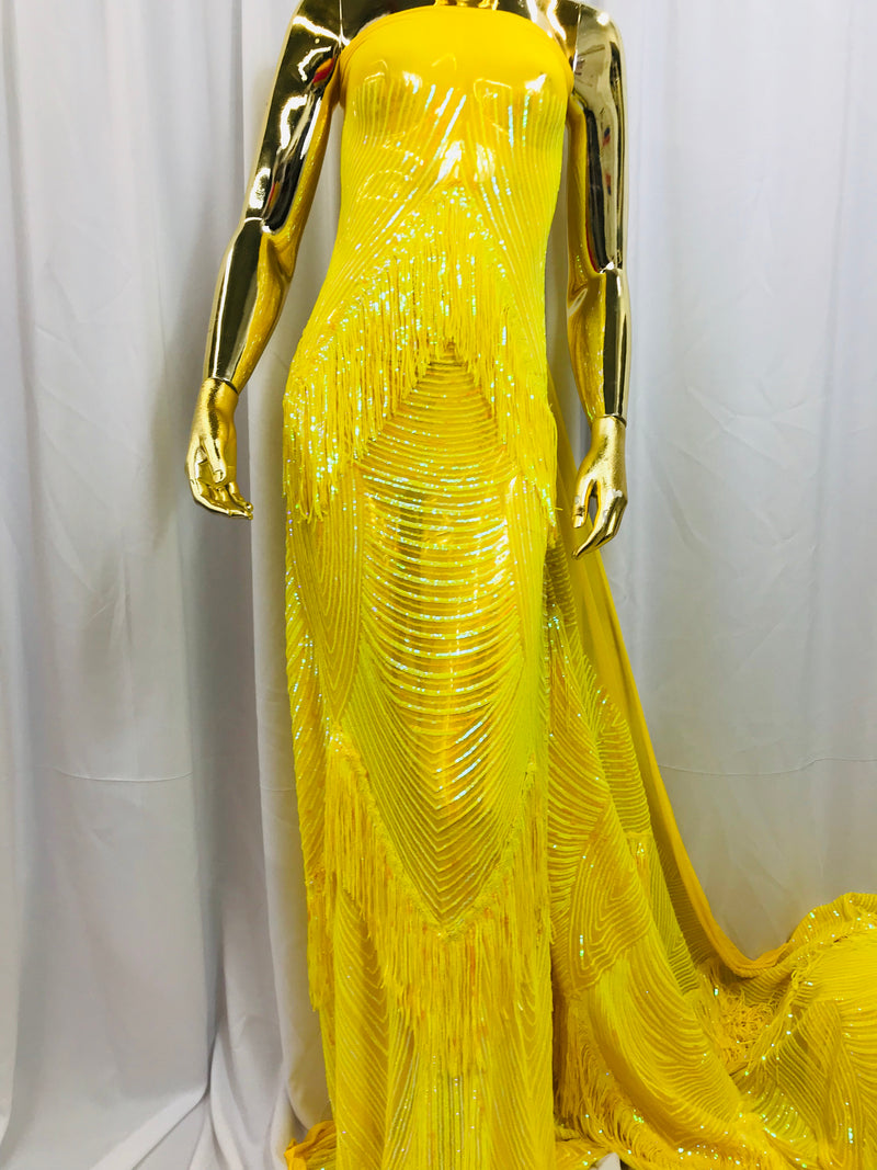 Fringe Sequins - Iridescent Yellow - Dangle 4 Way Stretch Fancy Sequins Fabric Sold By The Yard